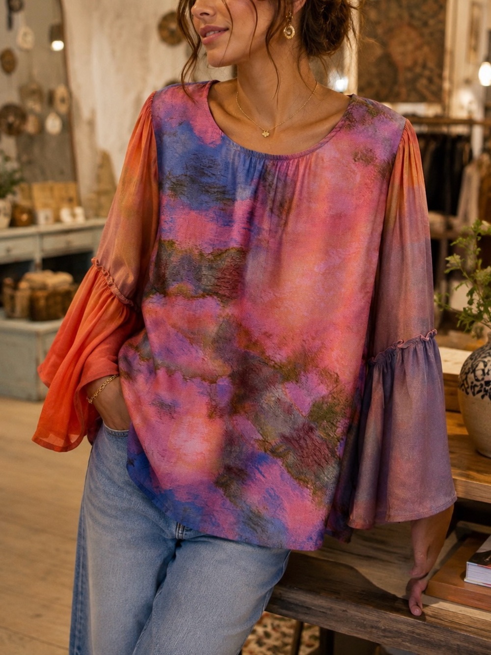 NWOT Bl^nk London for Anthropologie Boho Tie-Dye Bell Sleeve Blouse